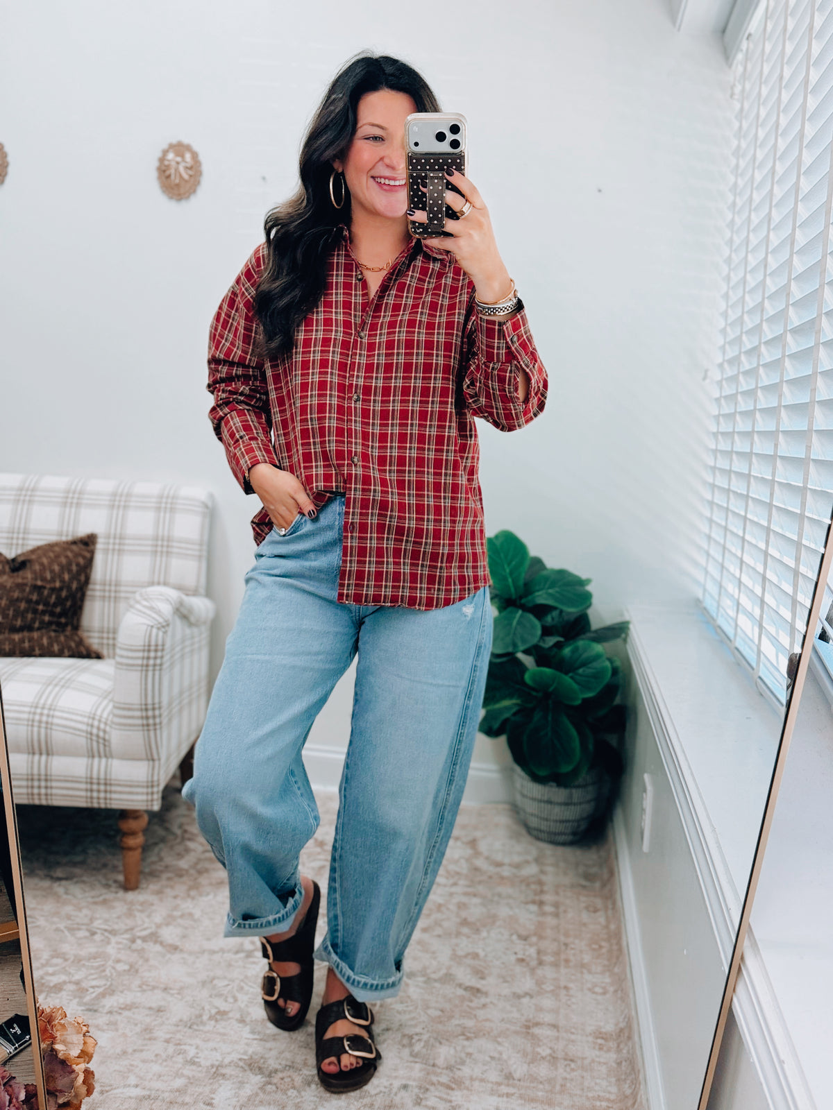 Oversized Plaid Flannel Top - Deep Red