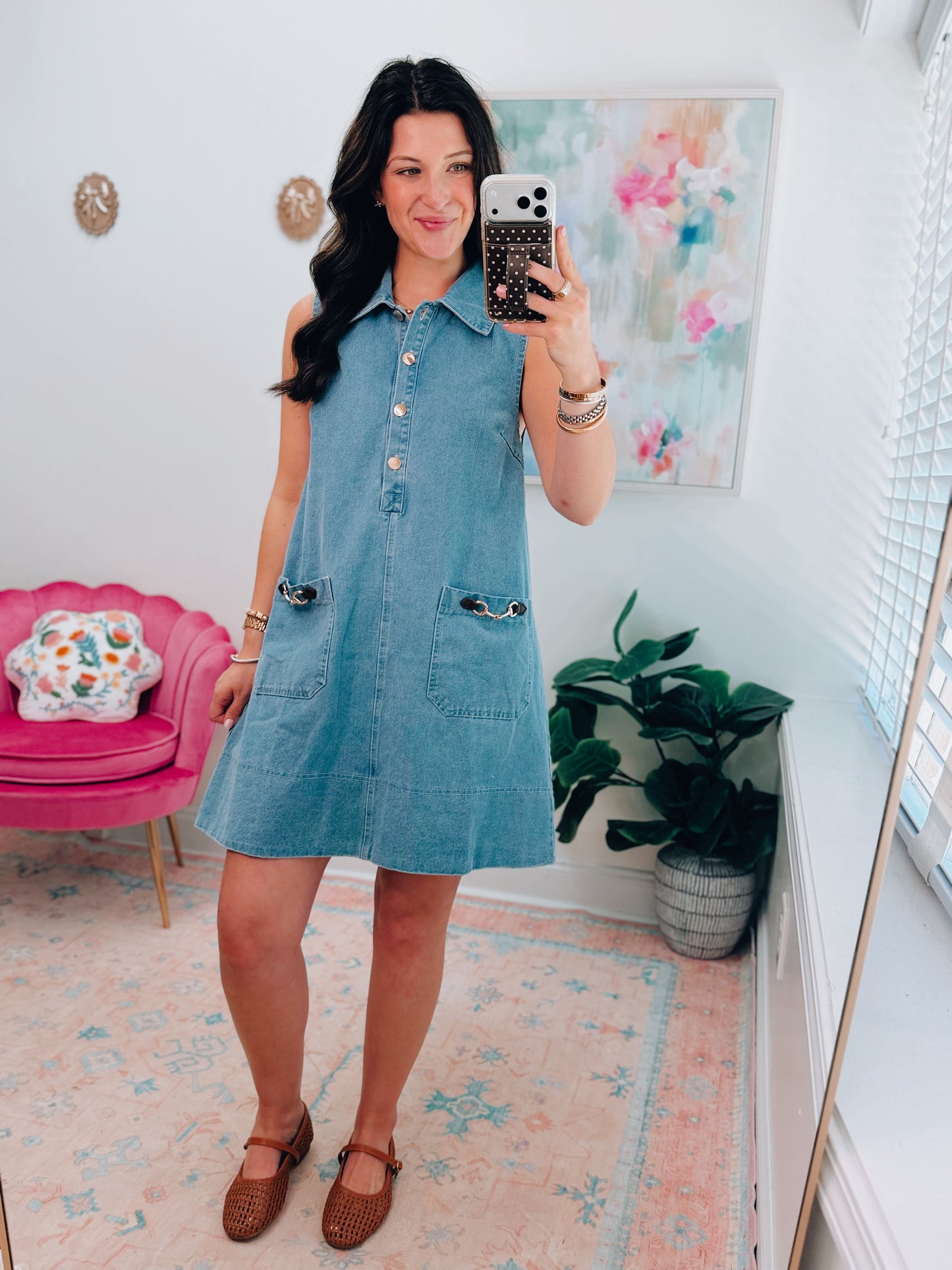Horsebit Front Pocket Denim Mini Dress