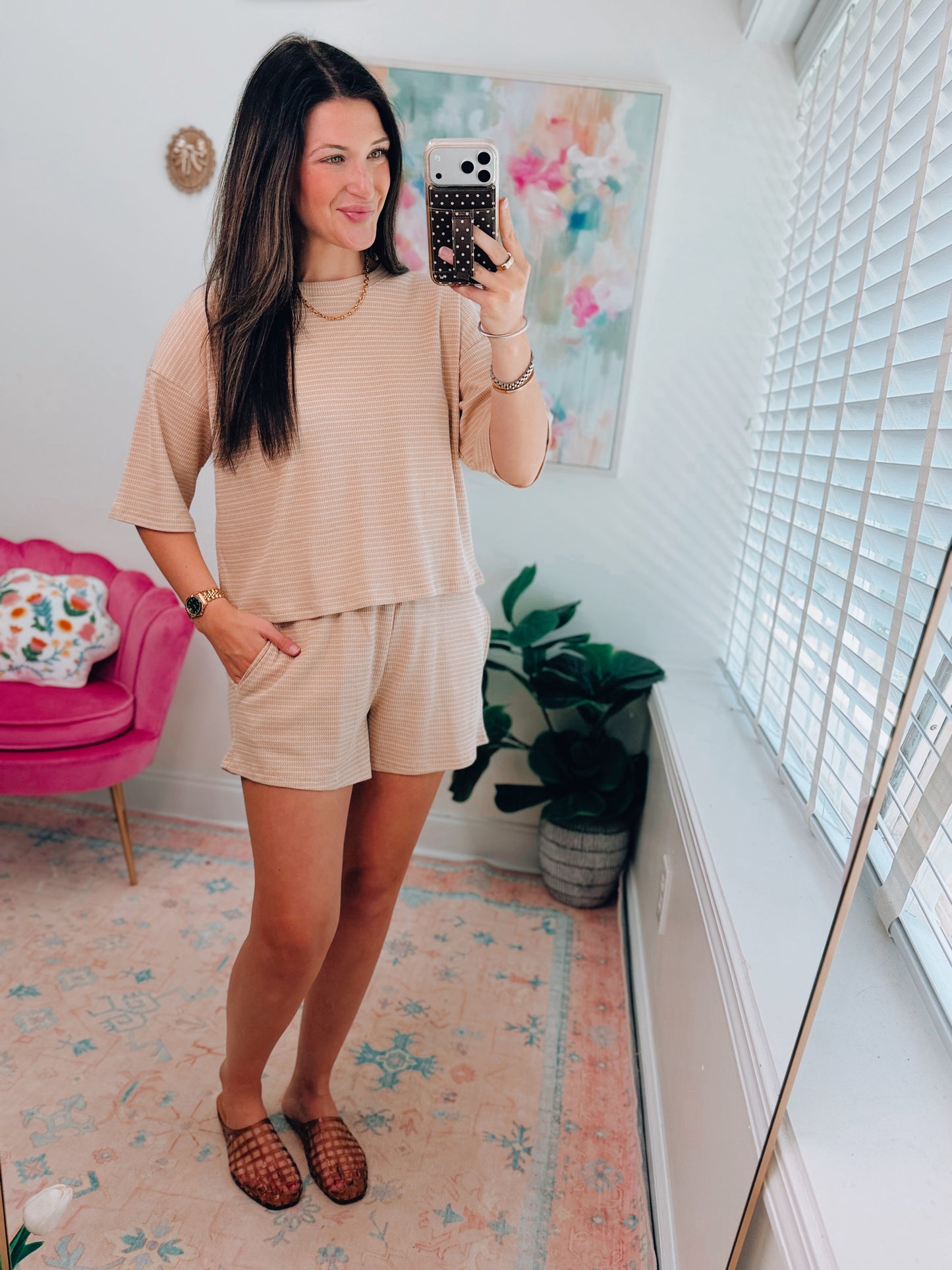 Tan Stripe Knit Shorts Set