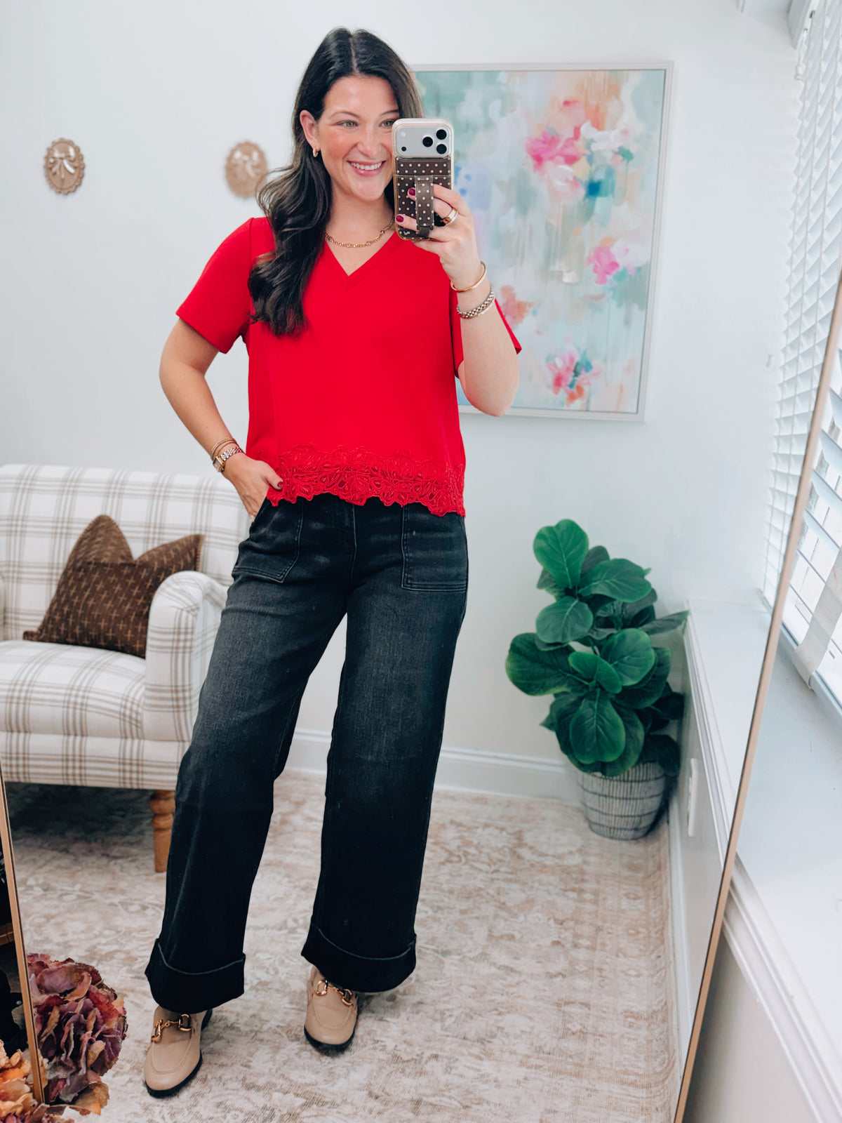 Red Lace Trim V-Neck Top