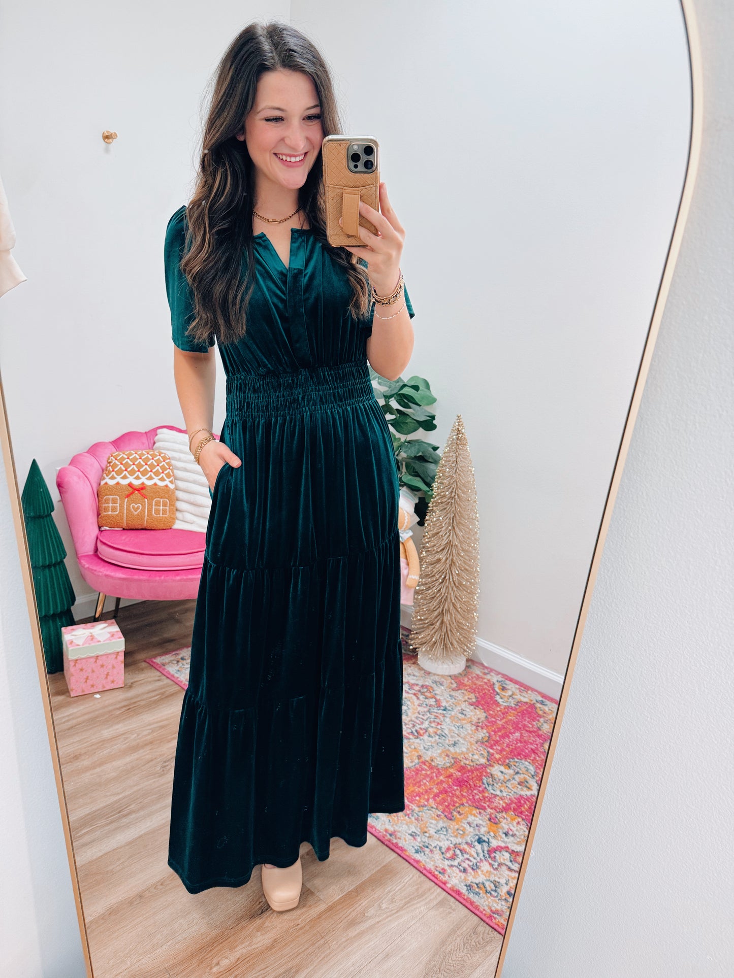 Deep Green Velvet Smocked Maxi