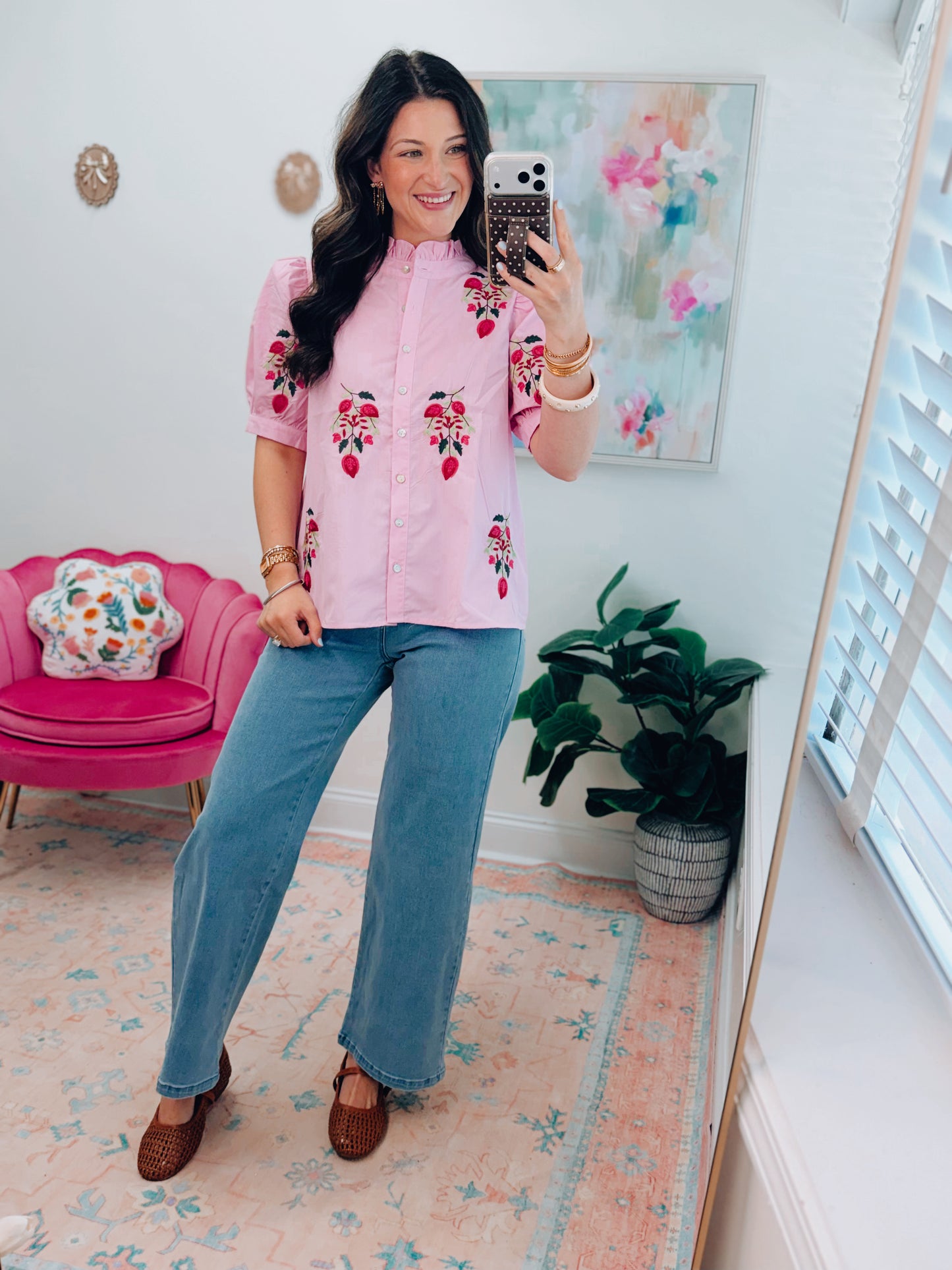 CURVY Palma Embroidered Button Top