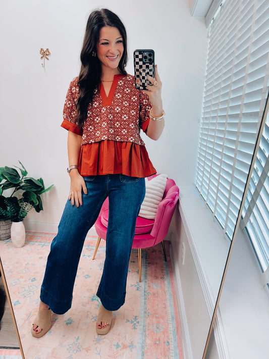 CURVY Darcy Floral Mix Media Top - Rust
