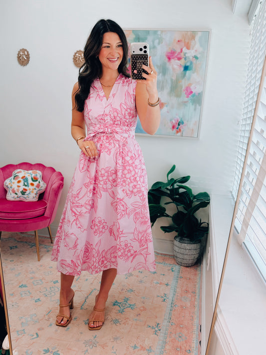 Pink Floral Tie Midi Dress