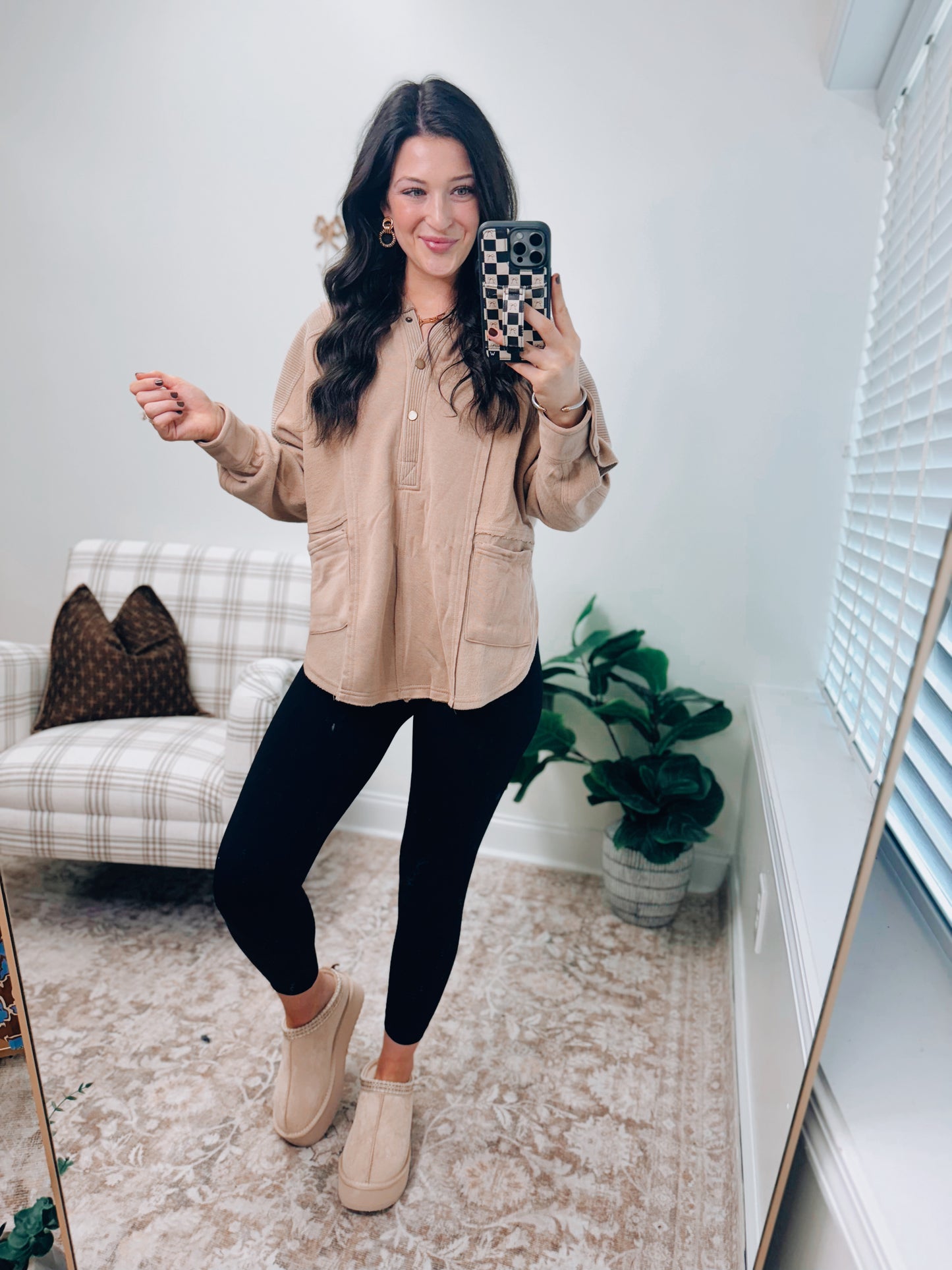 Exposed Front Pocket Hoodie Top - Taupe