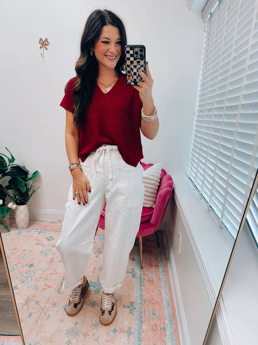 Split Neck Knit Top - Red