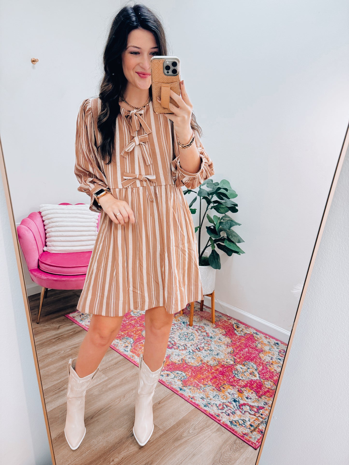 Camel Bow Striped Mini Dress