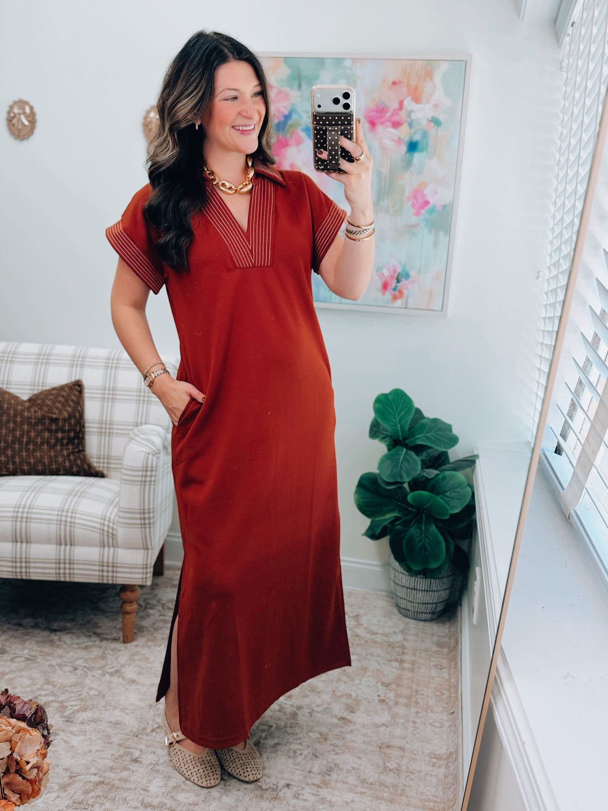 Rust Stitched Scuba Midi Dress