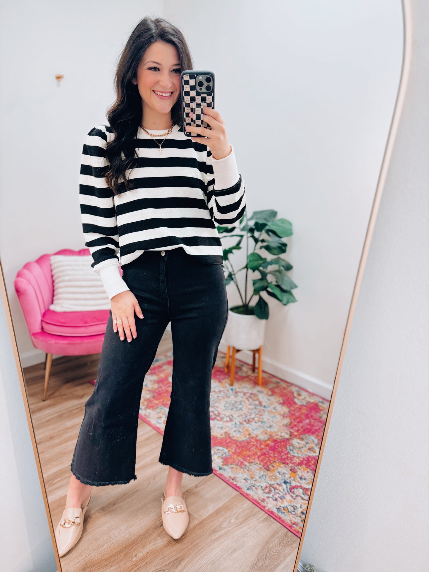 Black Chunky Striped Puff Sleeve Top