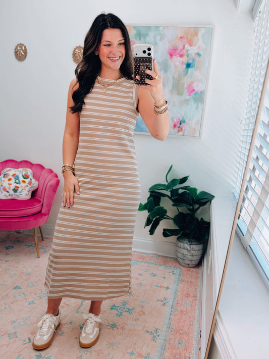 Button Back Striped Midi Dress