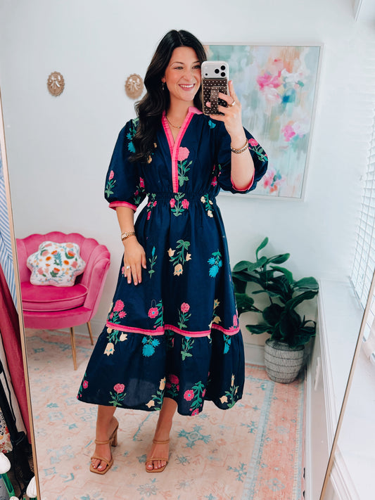 CURVY Navy Floral Mix Midi Dress