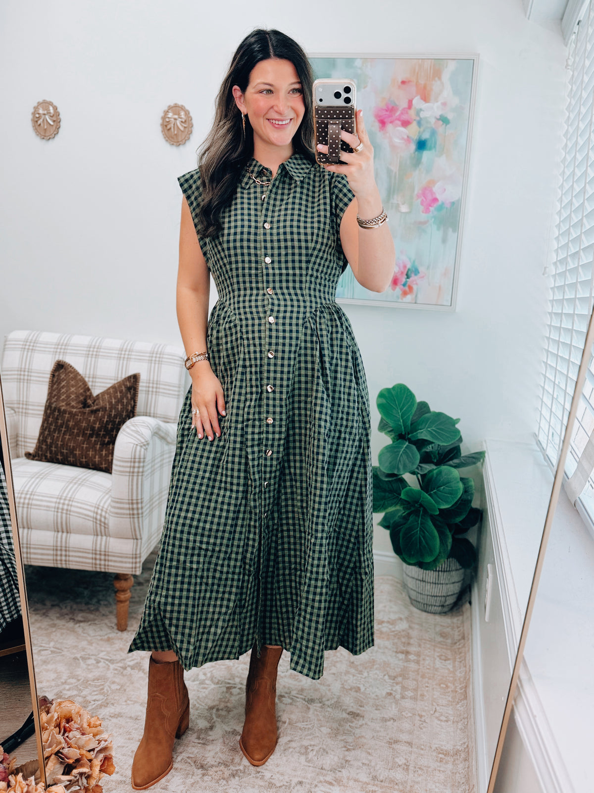 Callie Gingham Gold Button Midi Dress