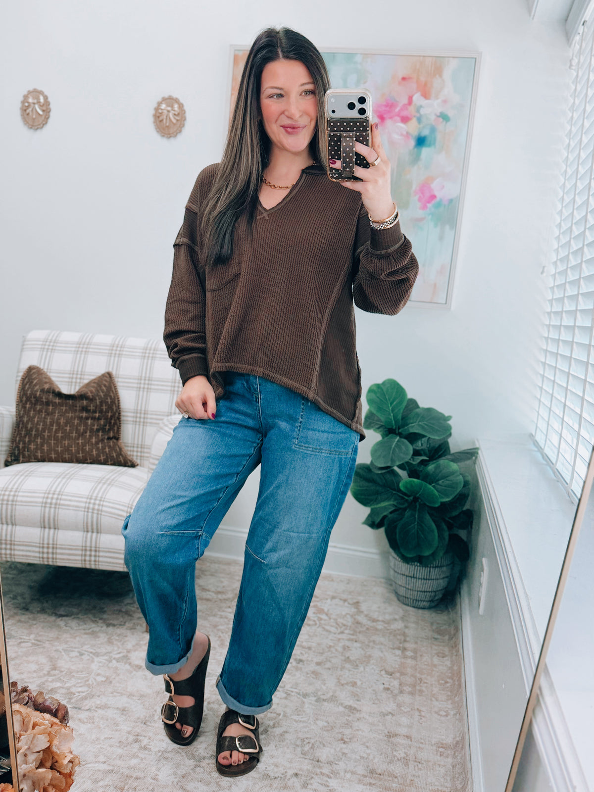 Chocolate Split Neck Raw Hem Sweater Top