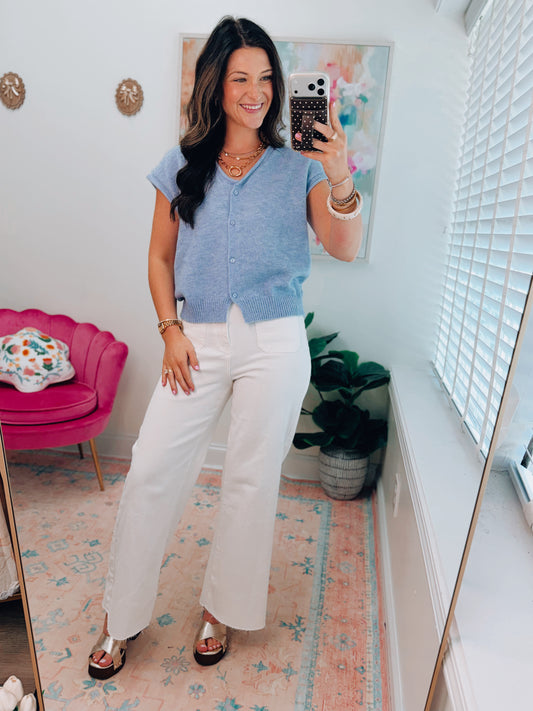 Ember Raw Edge Sleeveless Cardigan - Blue