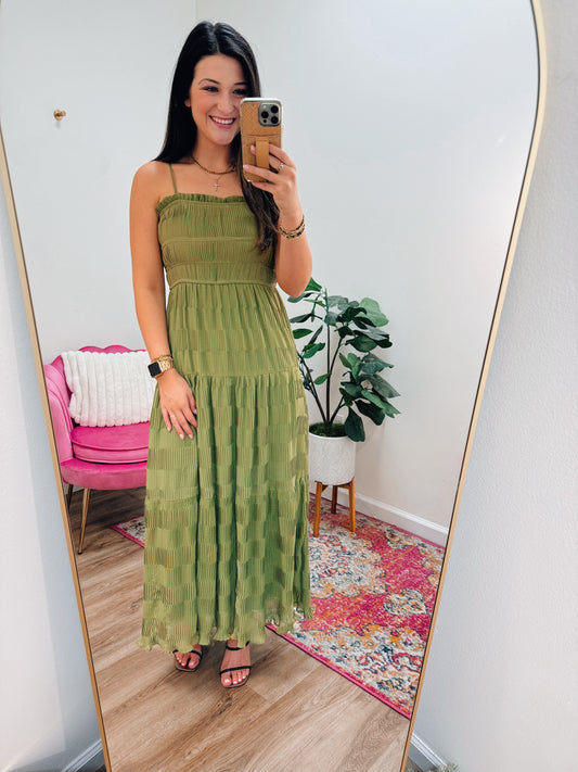 Olive Pleated Midi Dress