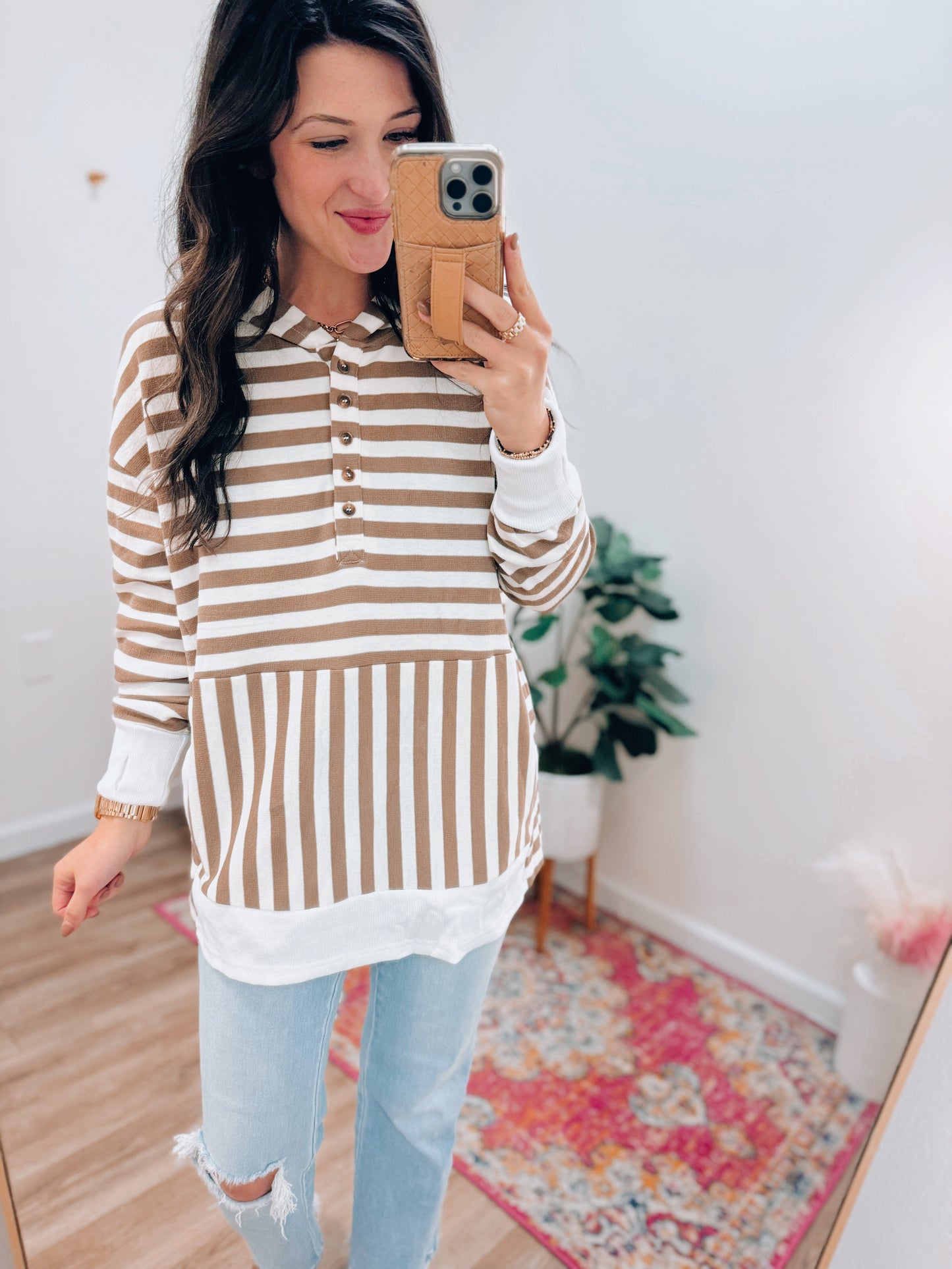 Mocha Striped Button Hooded Pullover