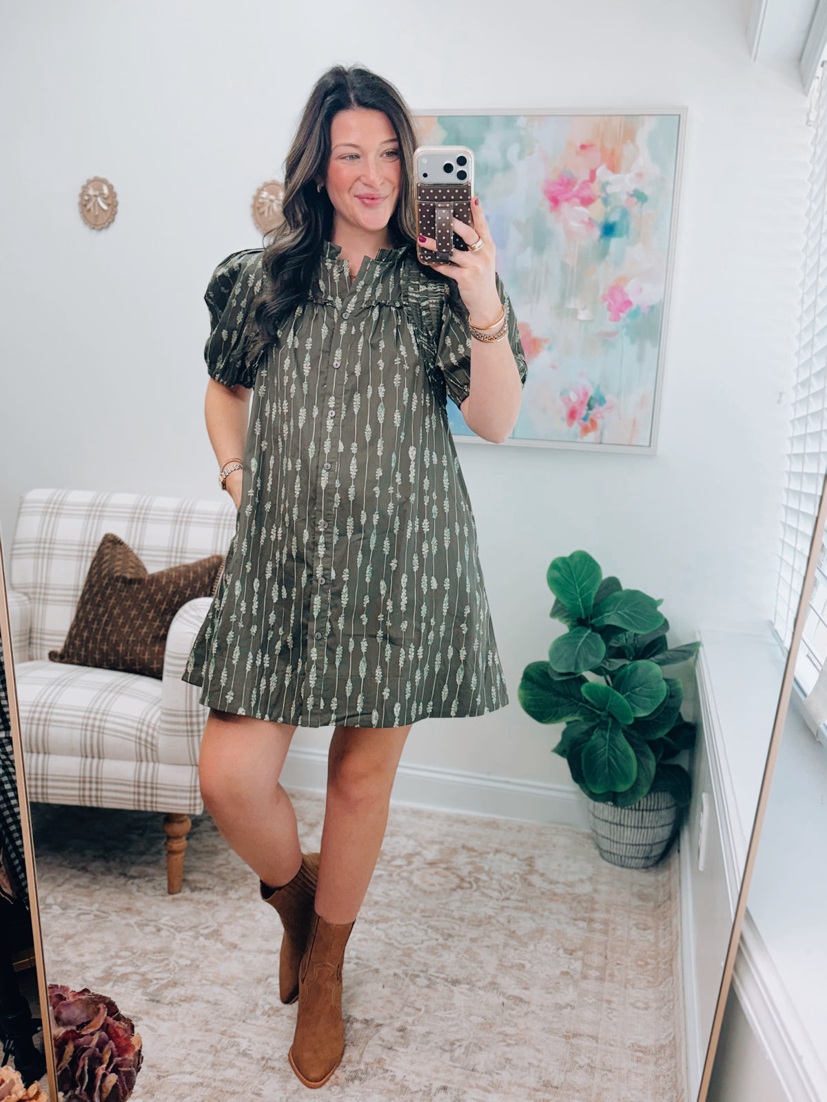 Sage Pleated Olive Mix Mini Dress
