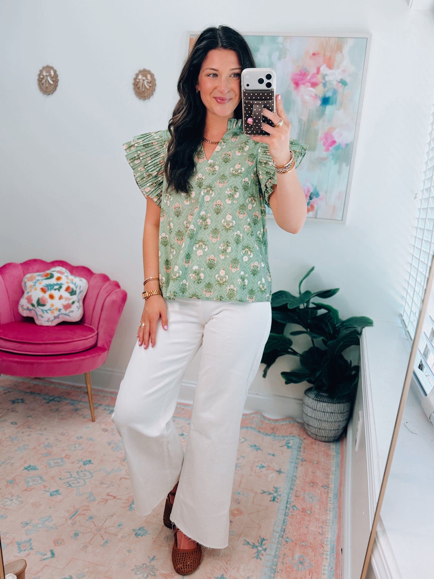 Pleated Matcha Floral Top