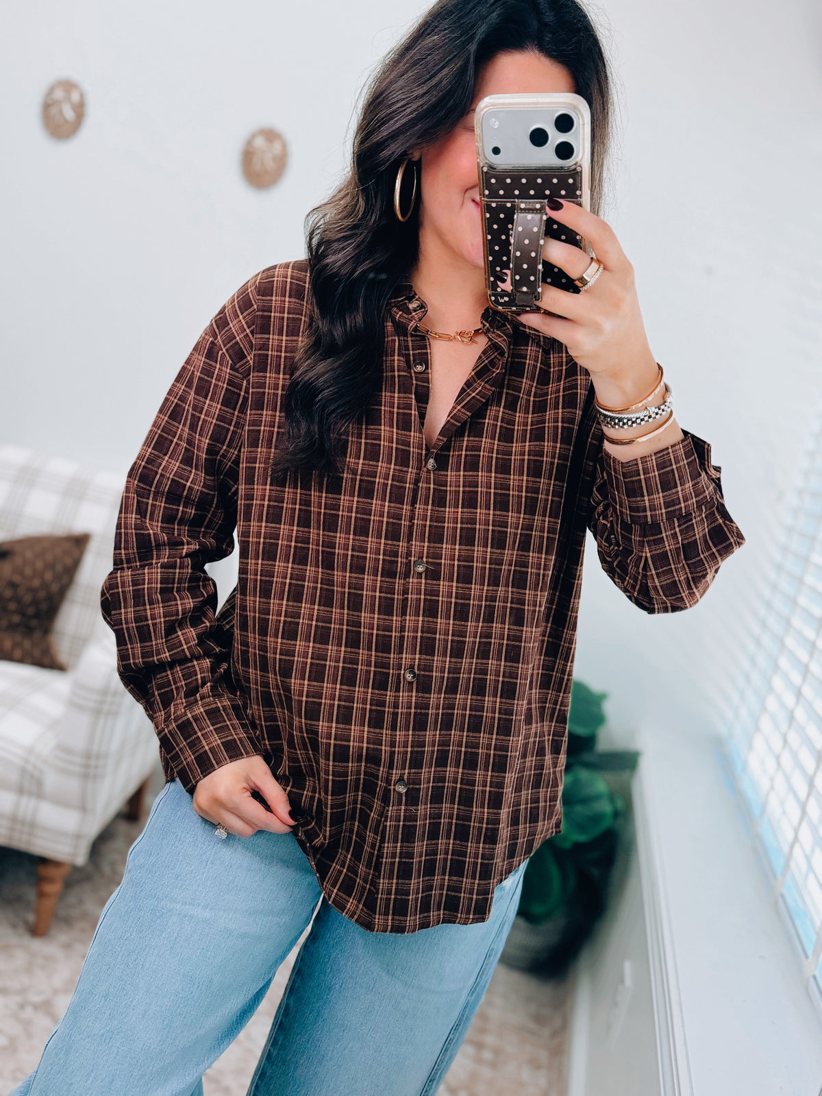 Oversized Plaid Flannel Top - Brown