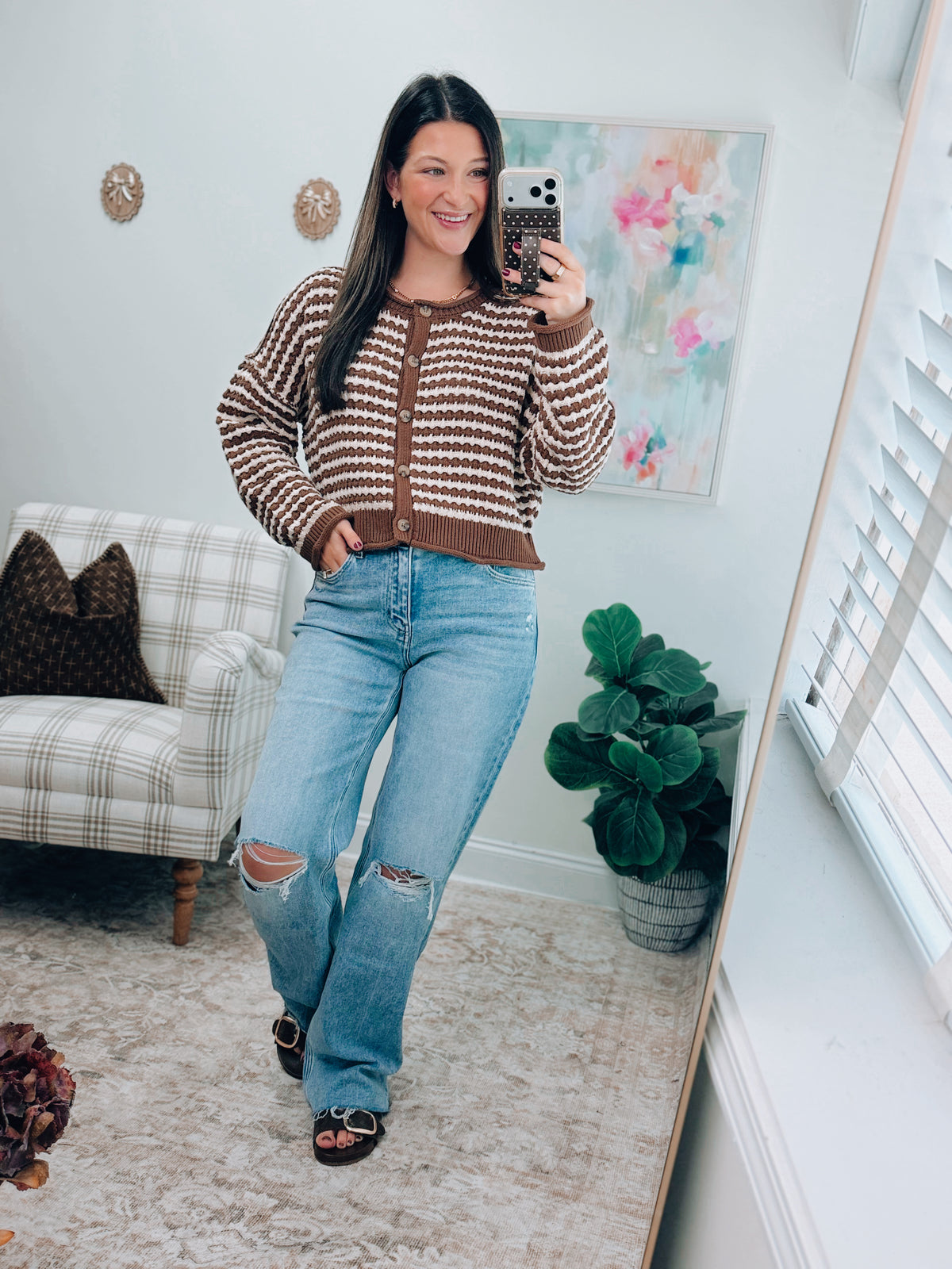 Nell Striped Crochet Knit Cardigan Top
