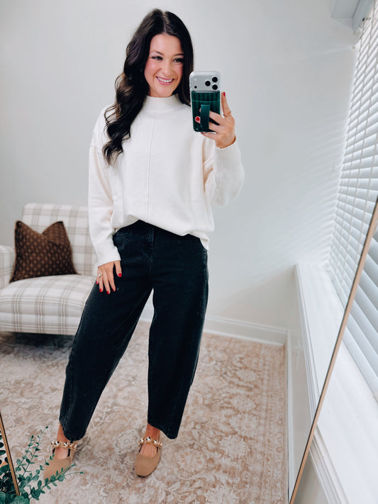 Ivory Ribbed Mock Front Seam Sweater