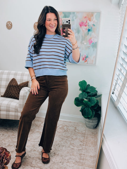 Blue Combo Stripe Raw Knit Sweater Top