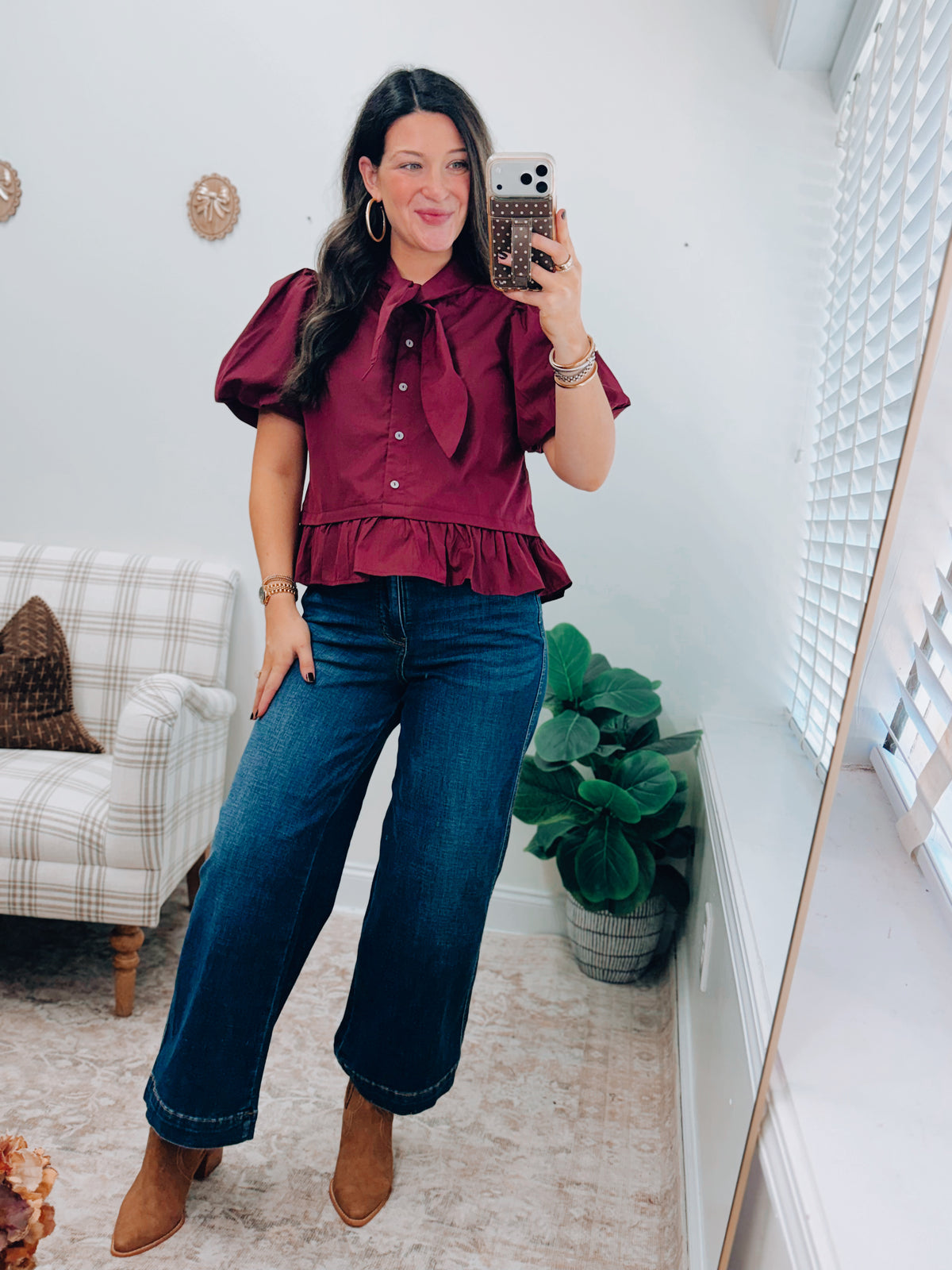 Burgundy Button Ruffle Tie Top