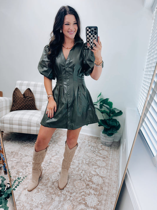 Pleated Faux Leather Olive Mini Dress
