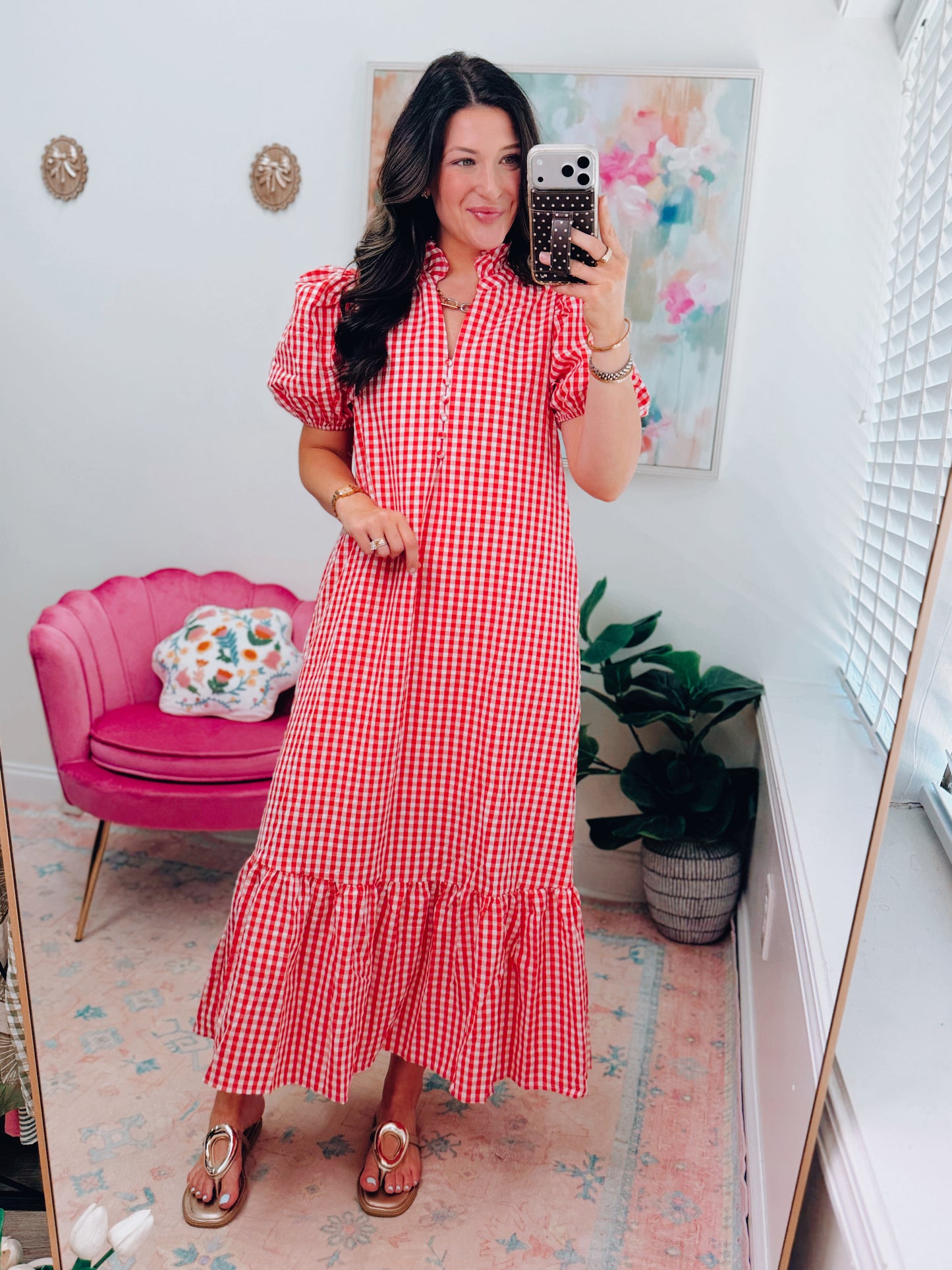 Red Gingham Midi Dress