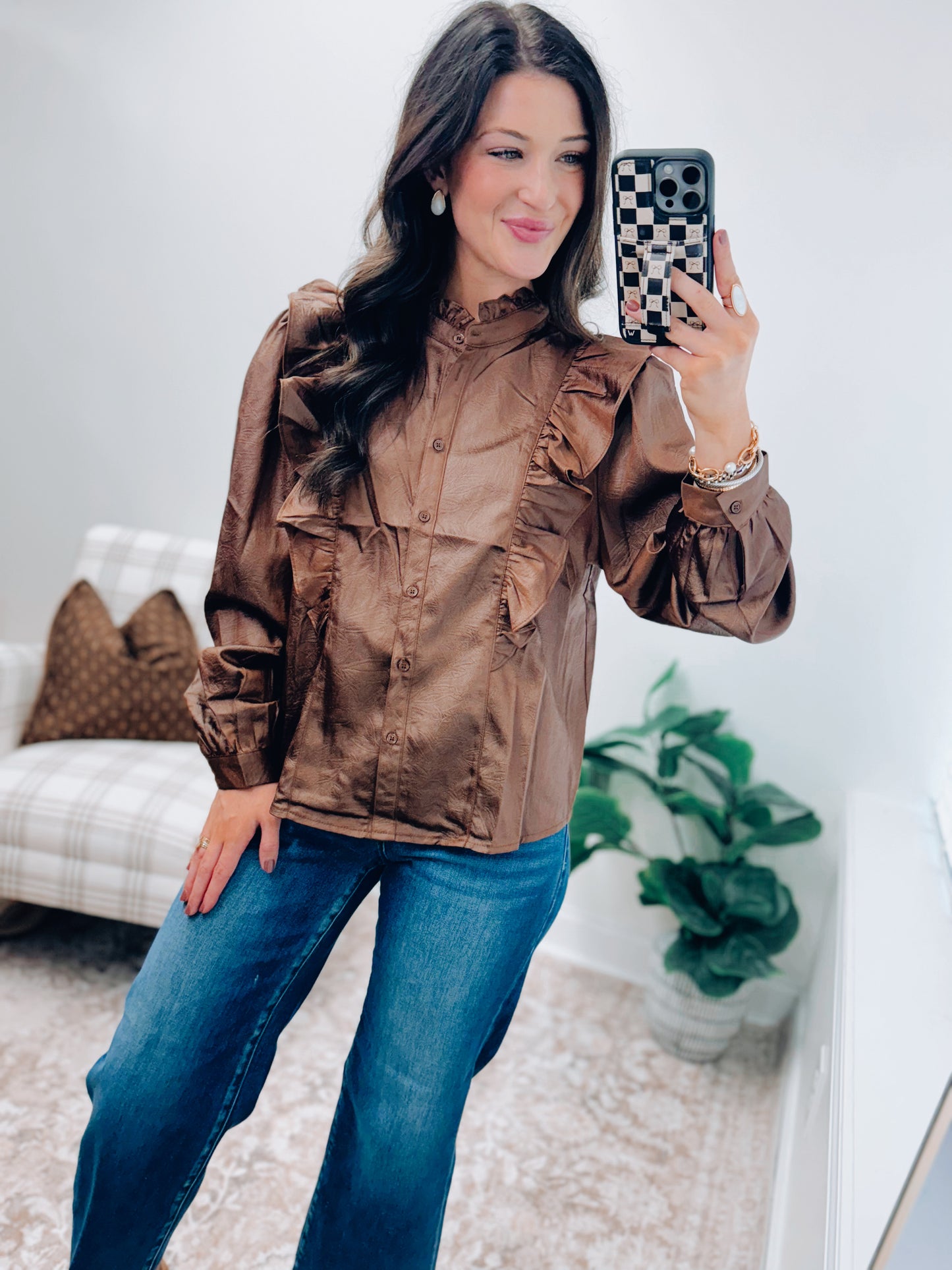 Hazelwood Shine Ruffle Button Top