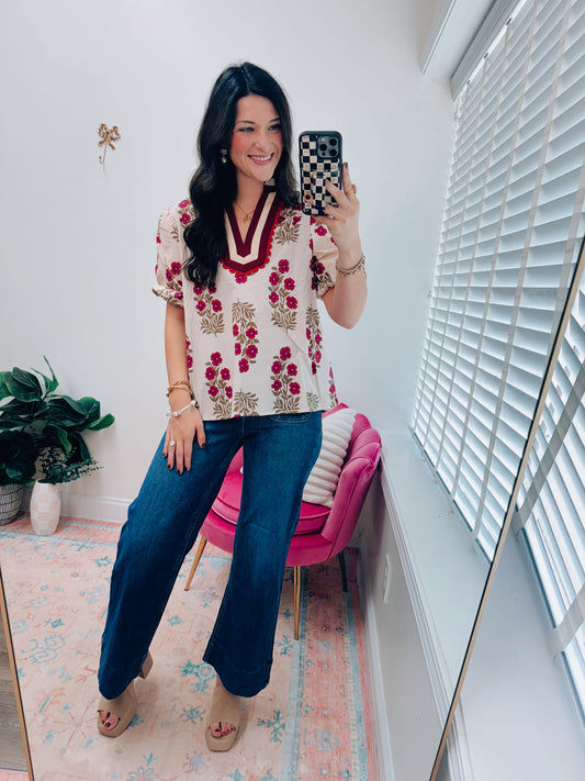 Ecru Floral Maroon Scallop Top