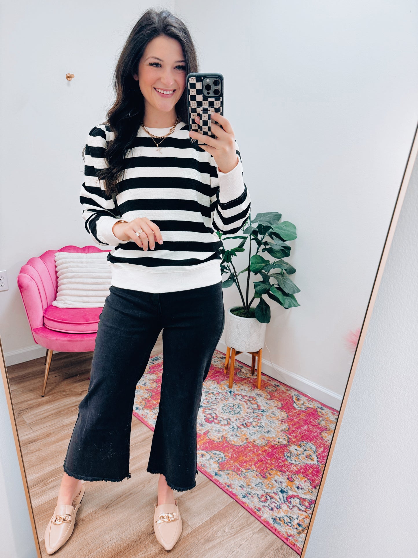 Black Chunky Striped Puff Sleeve Top