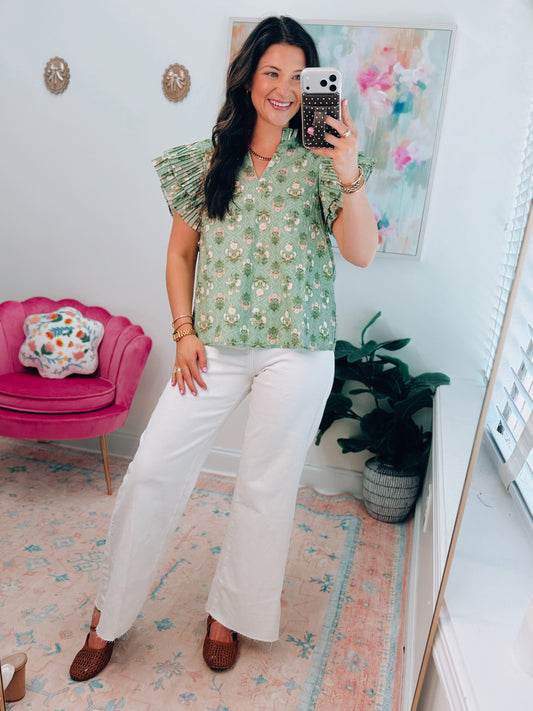 Pleated Matcha Floral Top