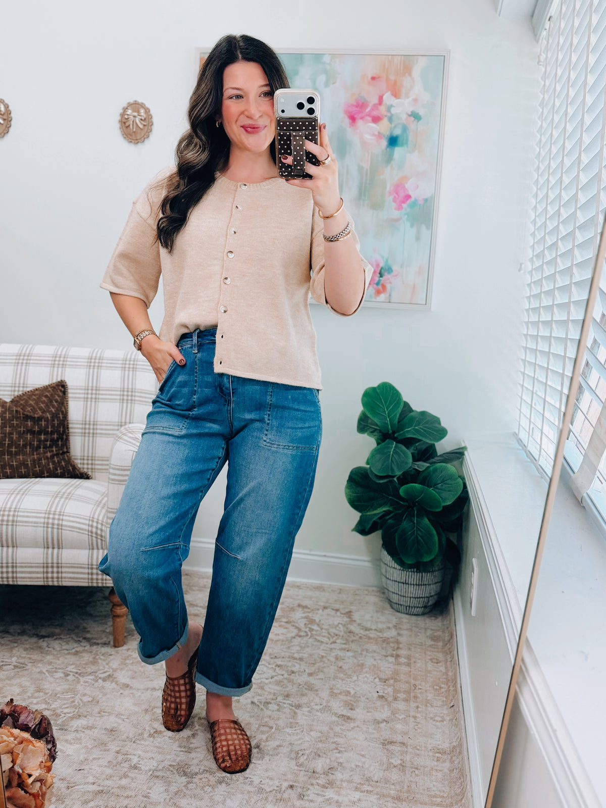 Beige Button Knit Sweater Top
