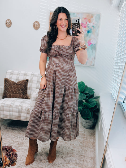 Fall Plaid Corset Midi Dress