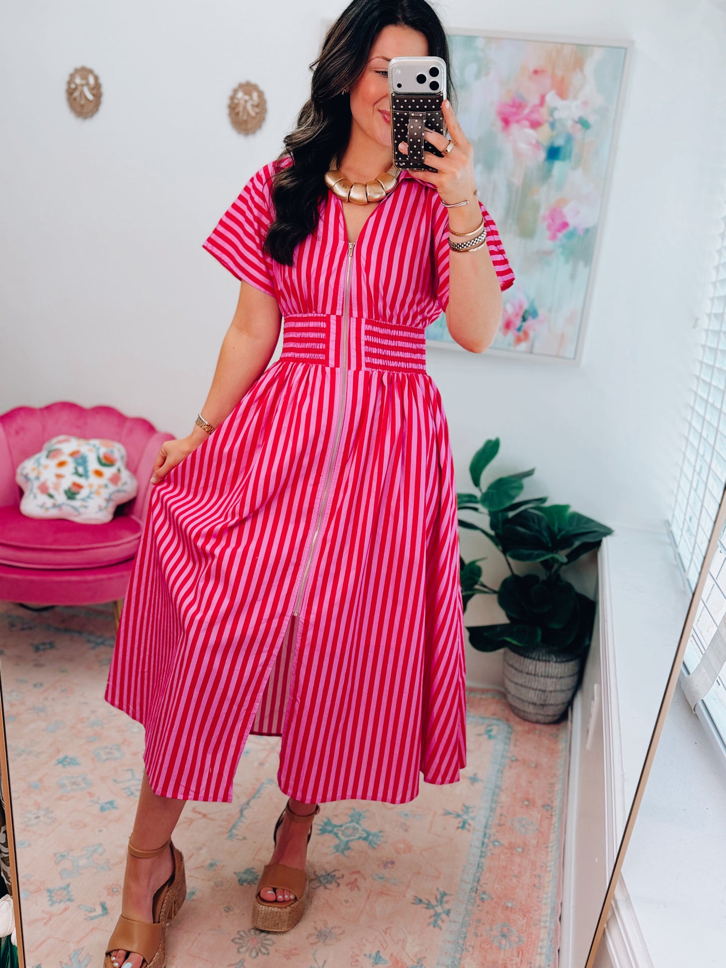 Sweet Escape Striped Zipper Midi Dress