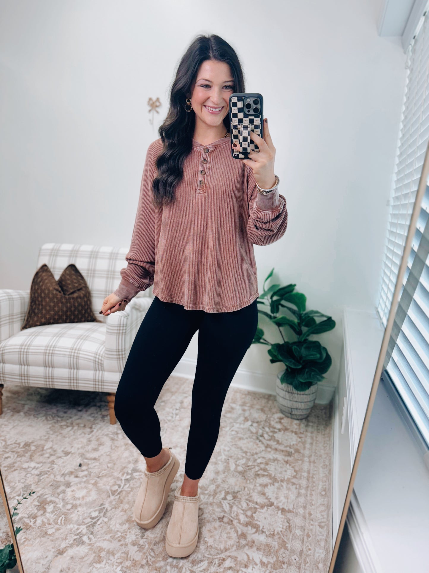 Mineral Washed Henley Waffle Raglan Top