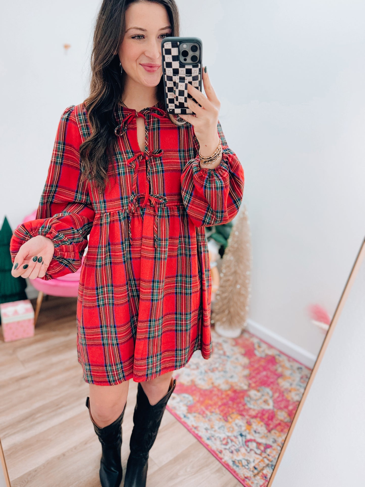 Christmas Plaid Bow Tie Mini Dress