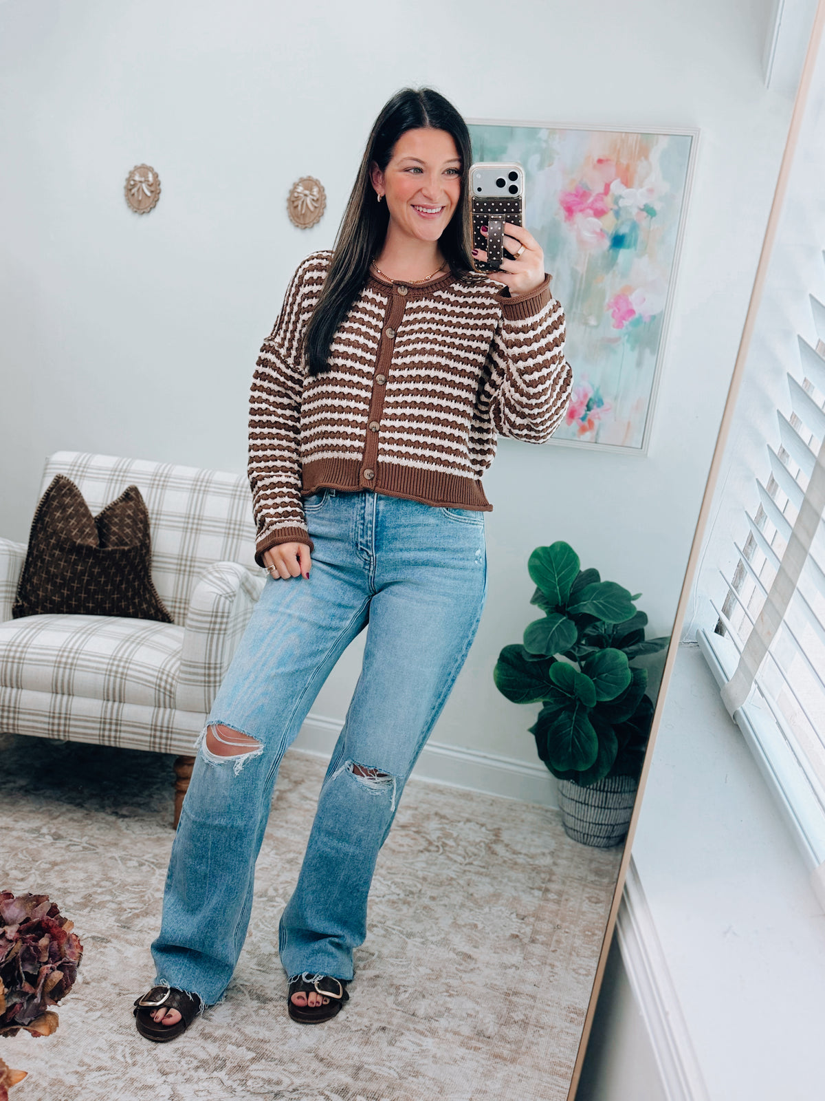 Nell Striped Crochet Knit Cardigan Top