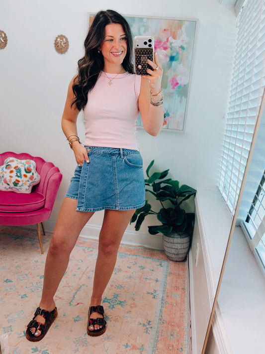 Reversed Hem Ribbed Tank - Baby Pink