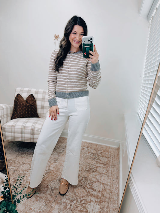 Neutral Stripe Cardigan Sweater Top