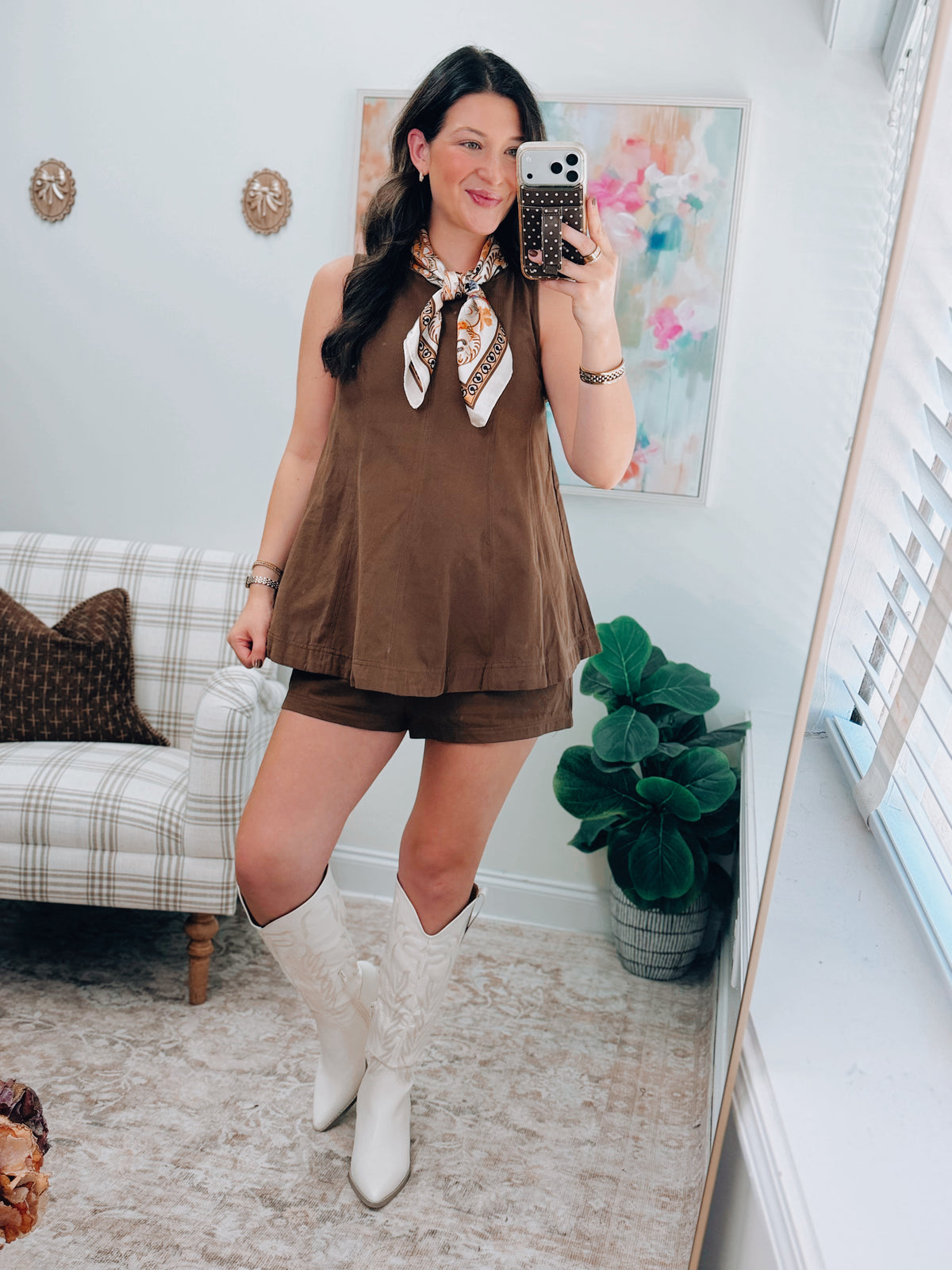 Brown Suede Twill Shorts Set