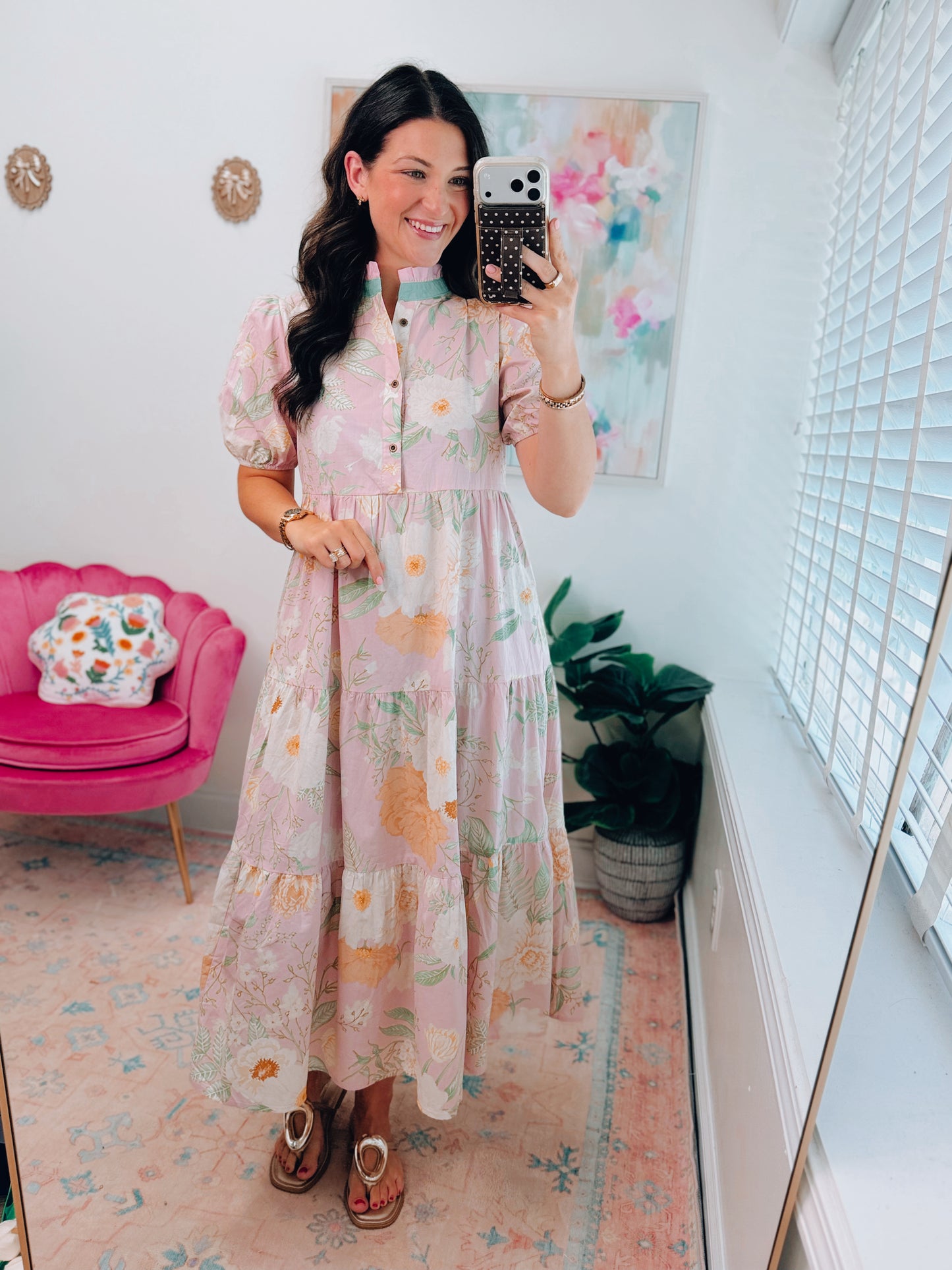Pink Floral Tiered Midi Dress