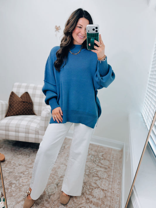 Millie Ribbed Oversized Sweater Top - Dusty Blue