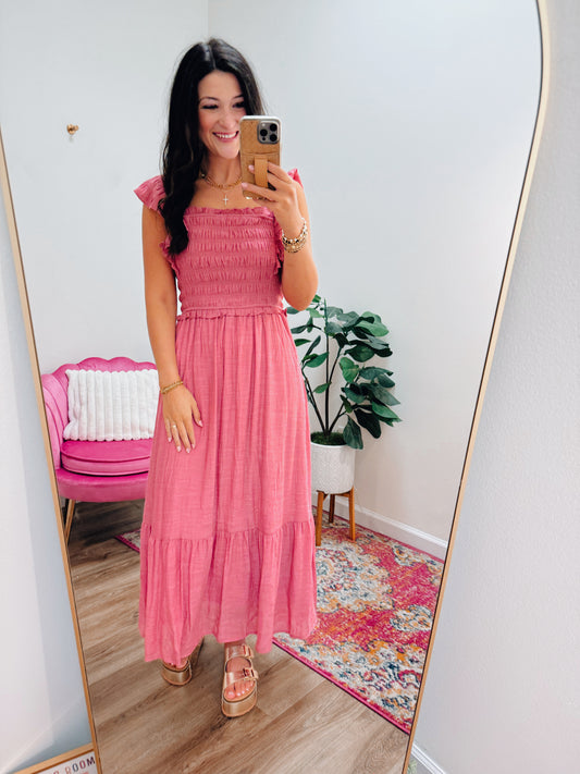 August Skies Smocked Midi Dress - Rose