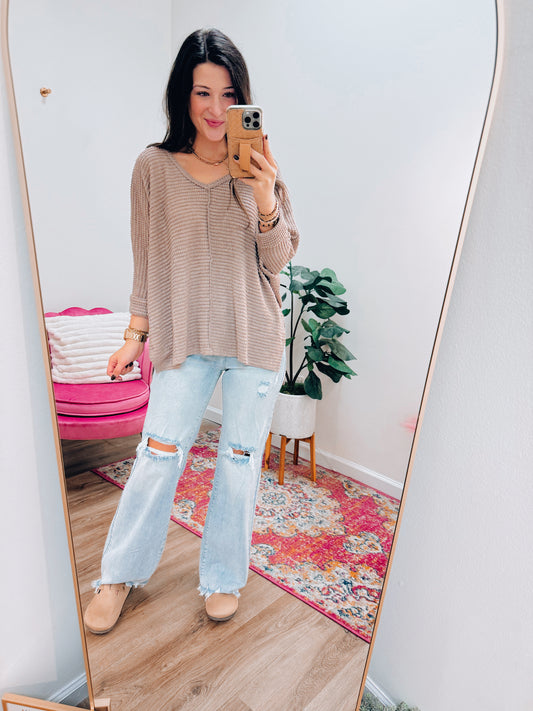 Mindi Waffle Knit Top - Light Mocha