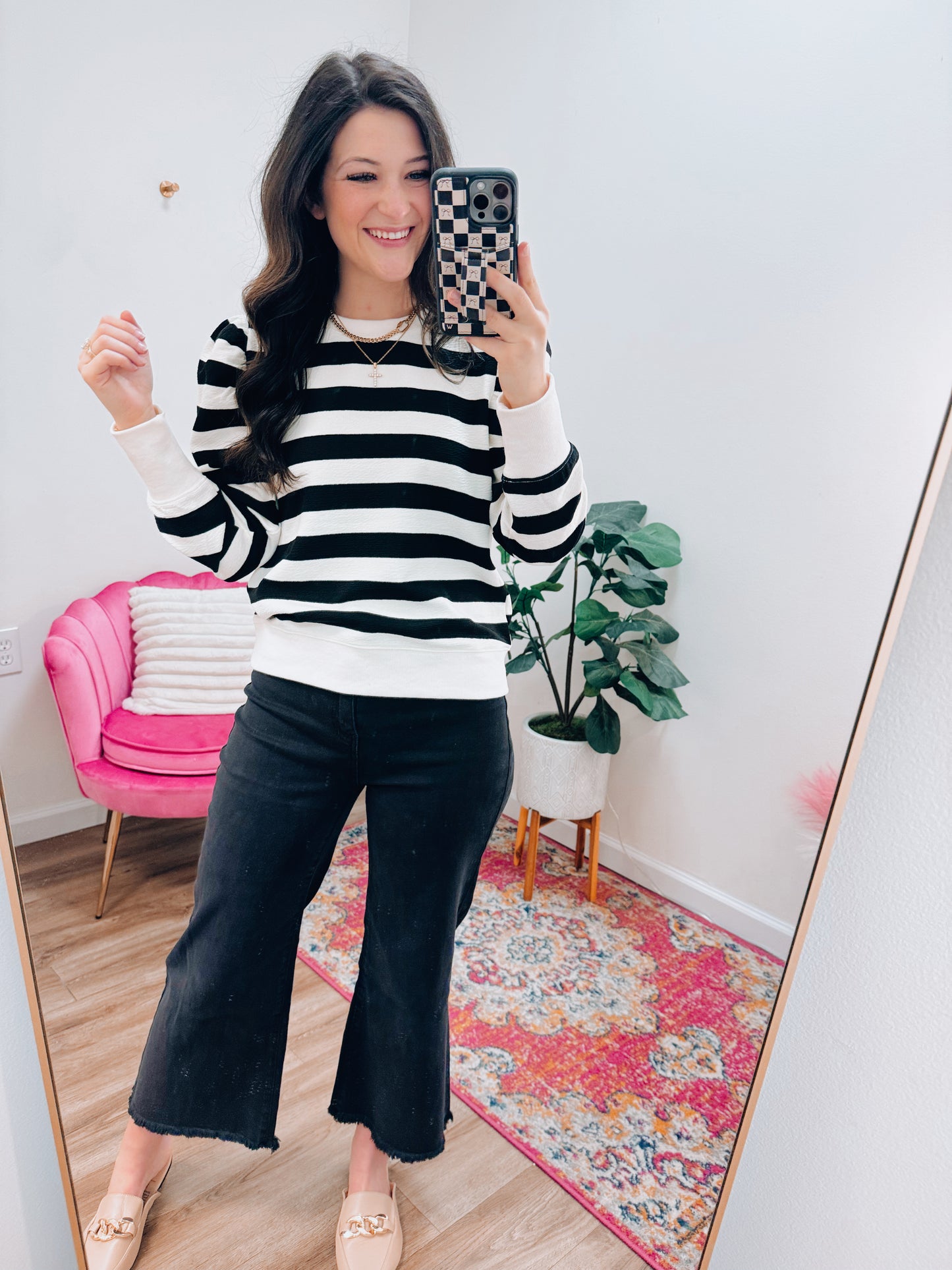 Black Chunky Striped Puff Sleeve Top