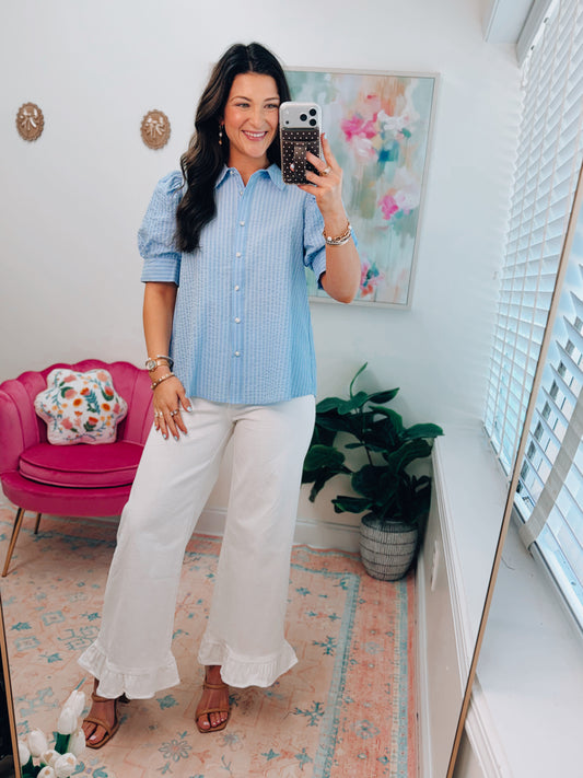 Azalea Pin Stripe Pearl Top - Blue