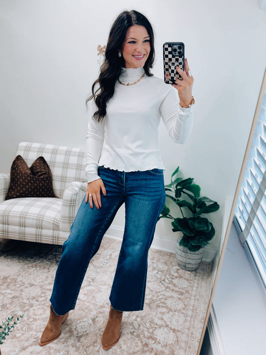 Milton Ruffle Mock Neck Layer Top - White