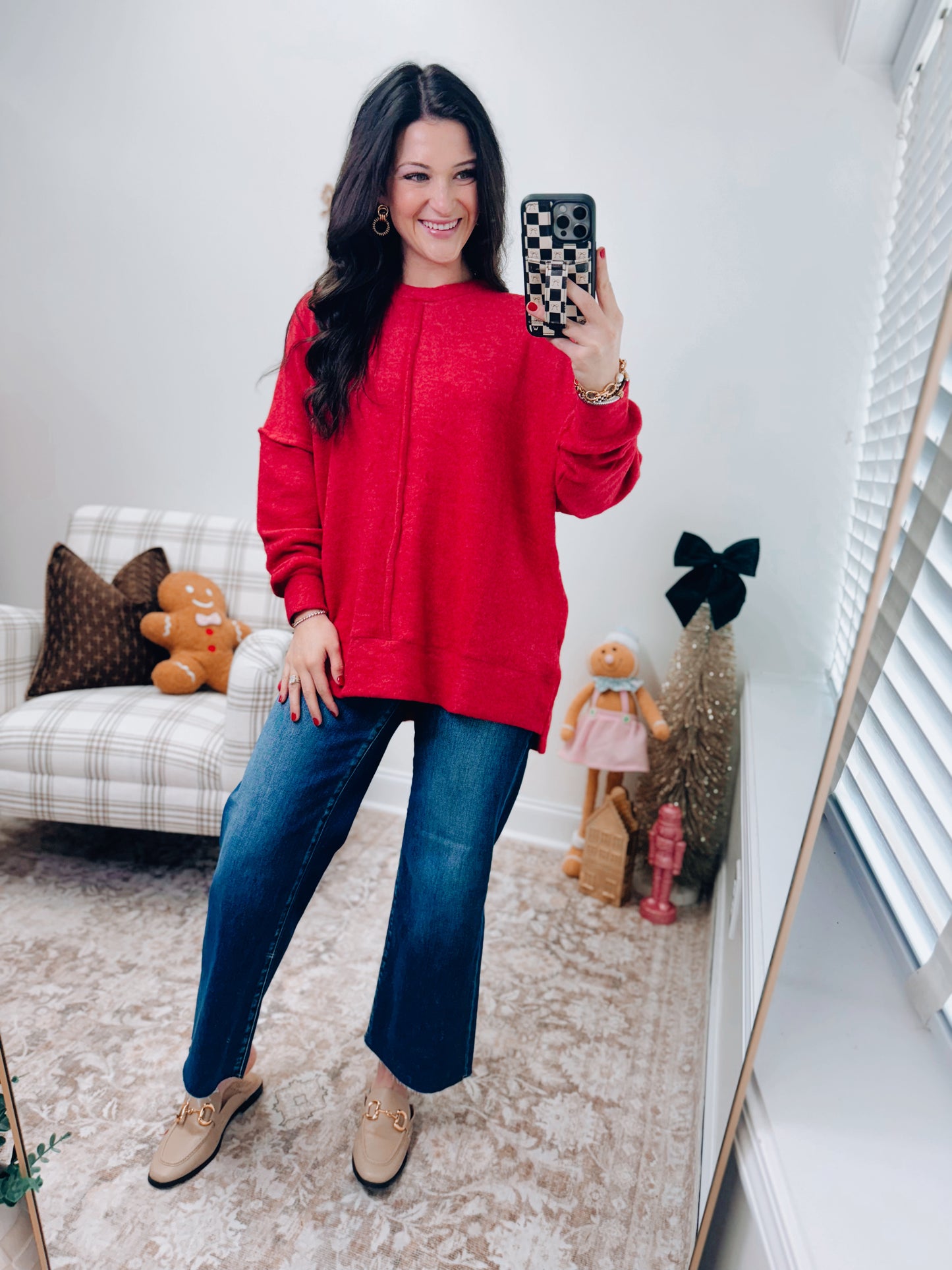 Oversized Front Seam Brushed Sweater - Red